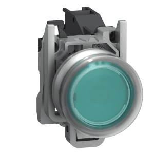 Complete push button, Harmony XB4 – ATEX D, green projecting with boot, metal, 22mm, silver alloy, spring return, 1NO