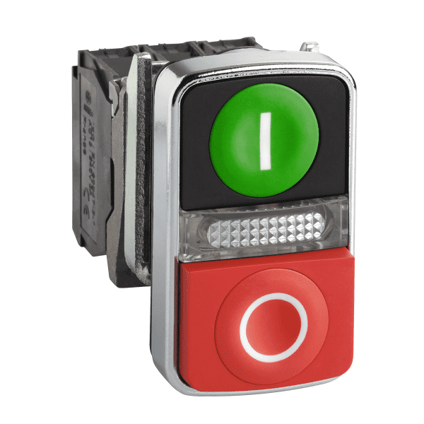 Illuminated double headed push button, Harmony XB4, metal, 22mm, 1 green flush I + 1 pilot light + 1 red projecting O, 240V AC, 1NO + 1NC