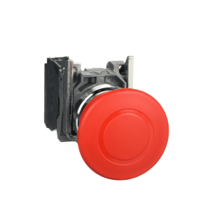 Emergency stop push button, Harmony XB4, metal, red mushroom 40mm, 22mm, trigger latching push pull, 1NC