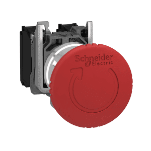 Emergency stop push button, Harmony XB4, metal, red mushroom, 40mm, 22mm, trigger latching turn to release, 2NC