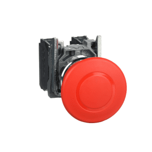 Emergency stop push button, Harmony XB4, metal, red mushroom, 40mm, 22mm, trigger latching push pull, 1NO+1NC