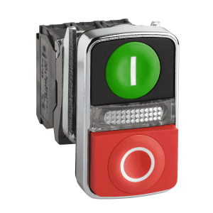 Illuminated double headed push button, Harmony XB4, metal, 22mm, 1 green flush I + 1 pilot light + 1 red projecting O, 1 NO + 1 NC