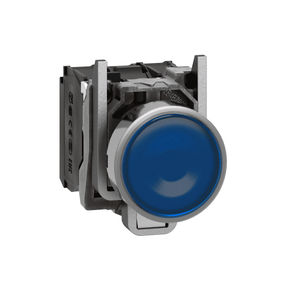 Illuminated push button, Harmony XB4, metal, blue flush, 22mm, universal LED, plain lens, 1NO + 1NC, 24V AC DC