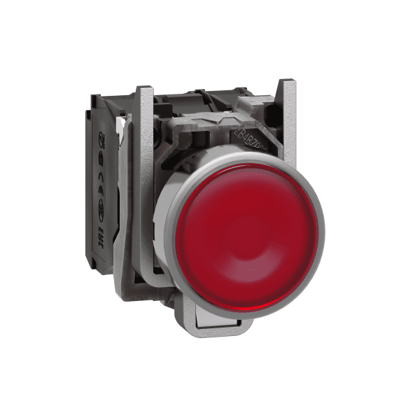 Illuminated push button, Harmony XB4, metal, red flush, 22mm, universal LED, plain lens, 1NO + 1NC, 110...120V AC