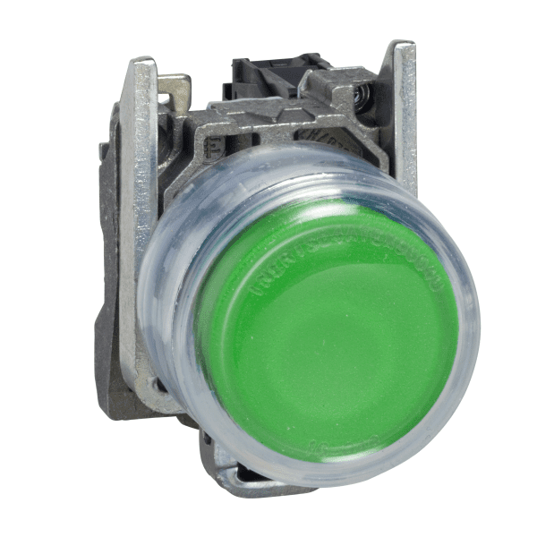 Push button, metal, Harmony XB4 ATEX D, projecting, green, 22mm, spring return, booted, unmarked, 1NO, ATEX