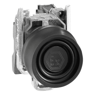 Complete push button, Harmony XB4 – ATEX D, black projecting with boot, metal, 22mm, silver alloy, spring return, 1NO