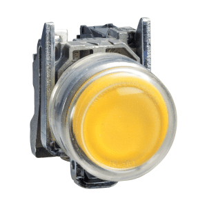 Complete illuminated push button, Harmony XB4 – ATEX D, metal, yellow flush, 22mm, spring return, booted, 1NO, 24V AC/DC