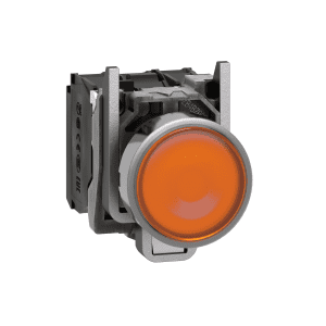 Illuminated push button, Harmony XB4, metal, orange flush, 22mm, universal LED, plain lens, 1NO + 1NC, 24V AC DC