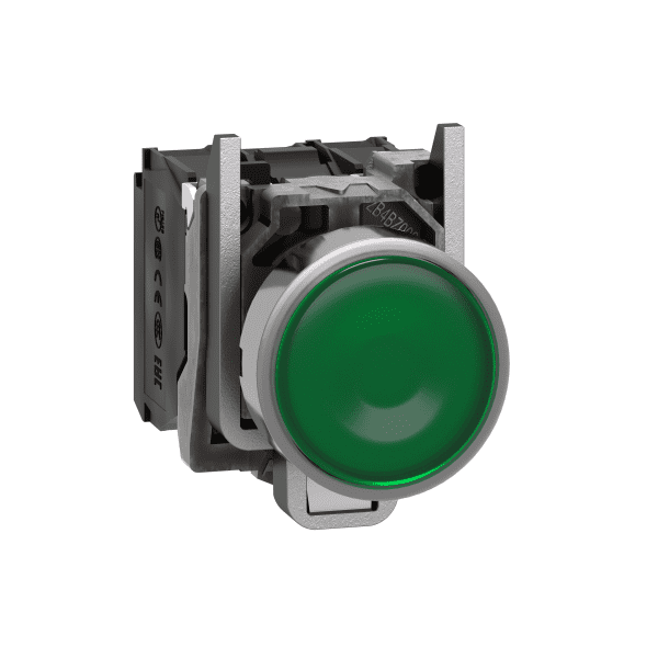 Illuminated push button, Harmony XB4, metal, green flush, 22mm, universal LED, plain lens, 1NO + 1NC, 230...240V AC