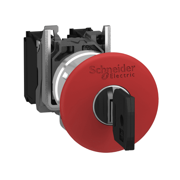 Emergency stop push button, Harmony XB4, metal, red mushroom 40mm, 22mm, trigger latching key release, 1NC