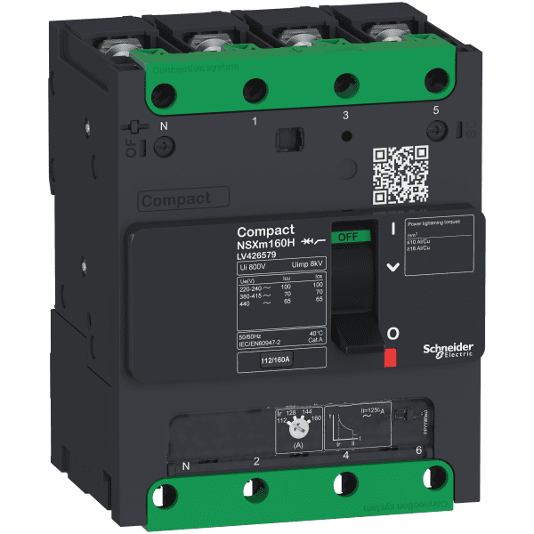 circuit breaker ComPact NSXm H (70 kA at 415 VAC), 4P 3d, 160 A rating TMD trip unit, compression lugs and busbar connectors