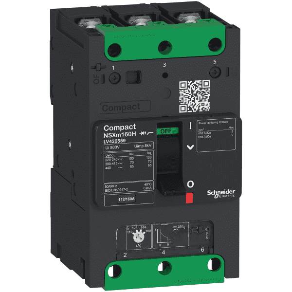 circuit breaker ComPact NSXm N (50 kA at 415 VAC), 3P 3d, 63 A rating TMD trip unit, compression lugs and busbar connectors