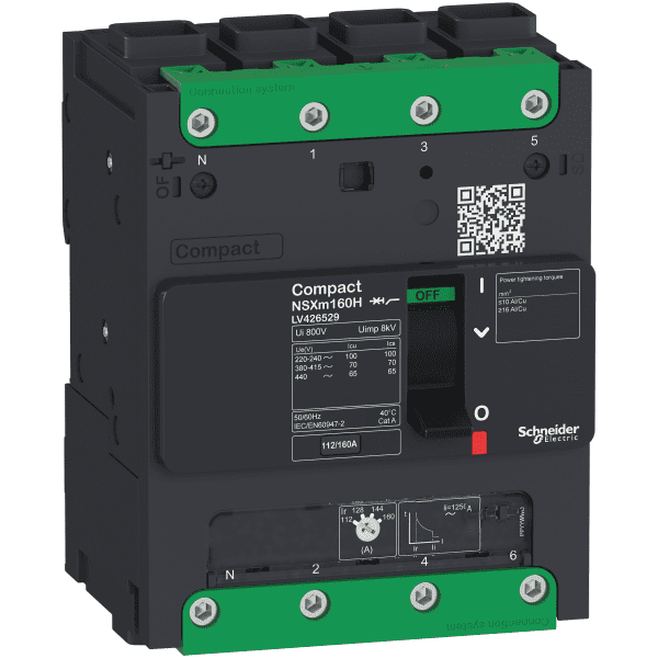 circuit breaker ComPact NSXm F (36 kA at 415 VAC), 4P 3d, 63 A rating TMD trip unit, compression lugs and busbar connectors